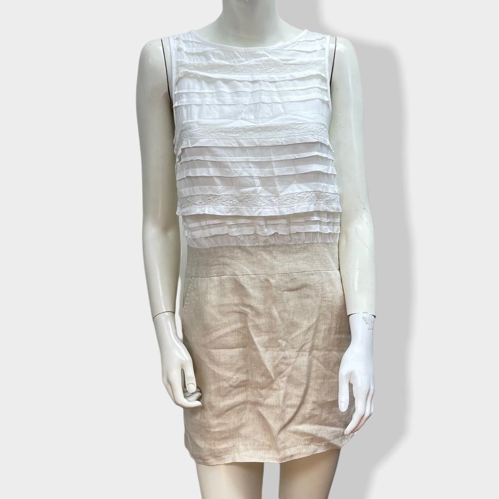Loft Sleeveless‎ White and Tan Linen Blend Dress